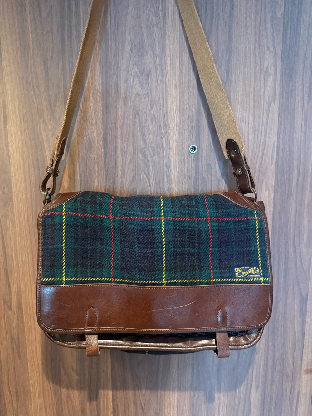Vintage Rugby Ralph Lauren Brown Leather Messenger with Green & Yellow Plaid